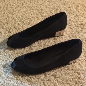 Vaneli Black Peep-Toe Heels with Silver Accent